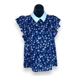 SMALL MONTEAU BLUE FLORAL PRINT BLOUSE COLLAR SHORT SLEEVE